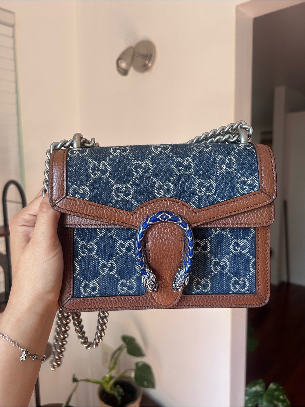 Gucci Blue Denim & Brown Leather Crossbody with Enamel Horsebit